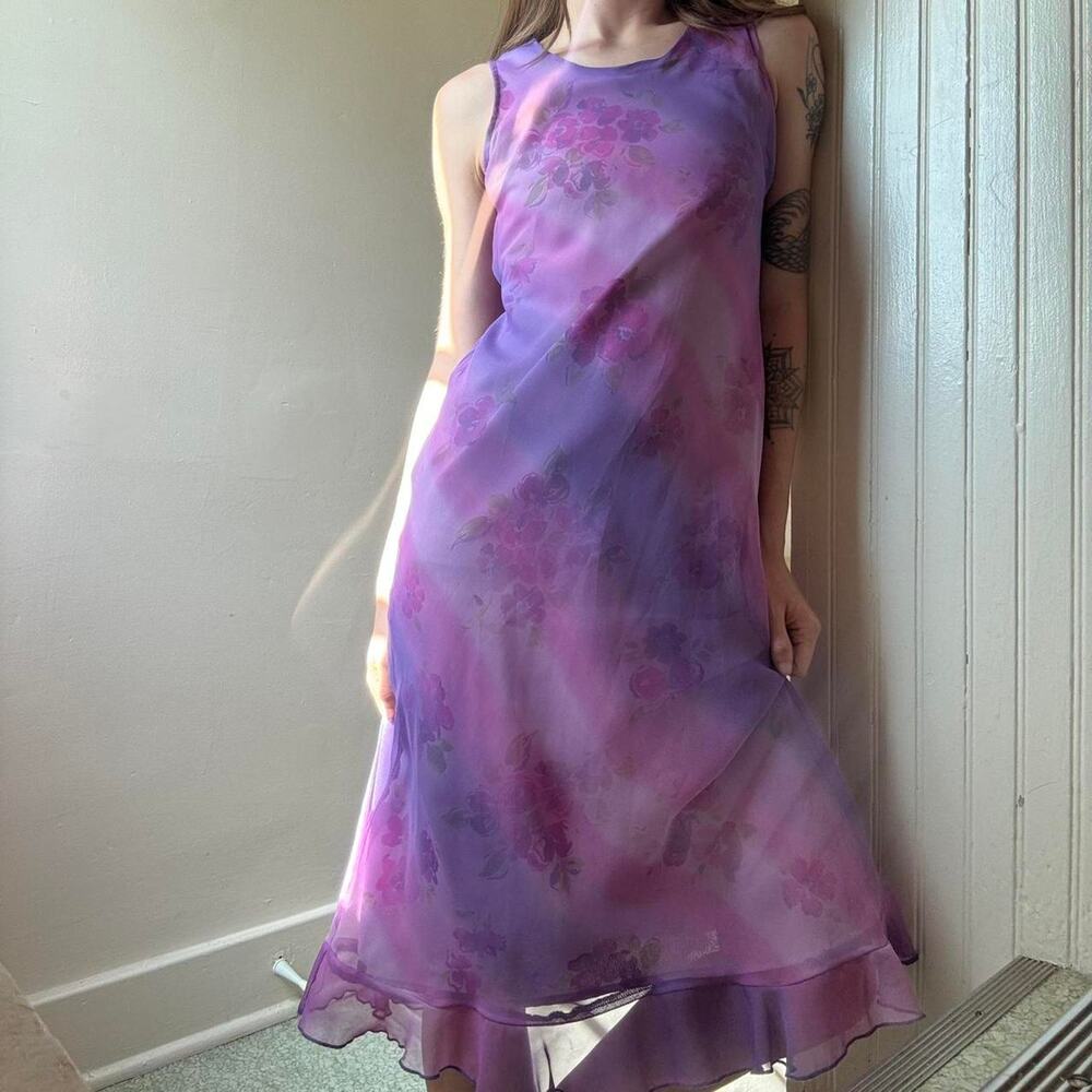 Vintage My Michelle Purple Floral Midi Dress 10 Youth Girls